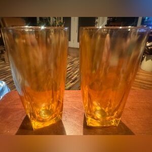 Jeannette Marigold Vintage Set of 2 Carnival Iridescent 5" Tall Glasses Tumblers